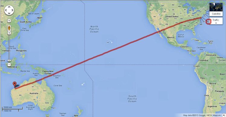 Screenshot from Google Maps showing how faaaar Flat Kathy had to travel!